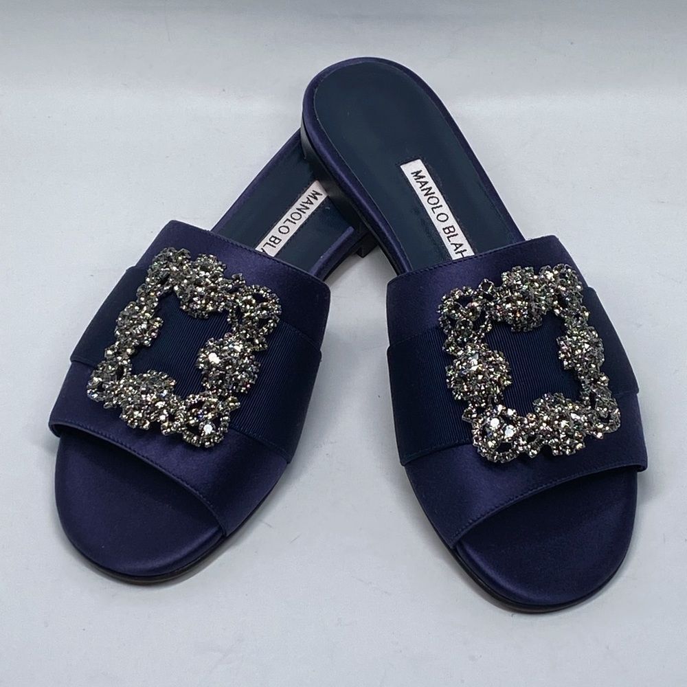 Manolo Blahnik Navy Satin Jewel Buckled Flat Sandals size 37